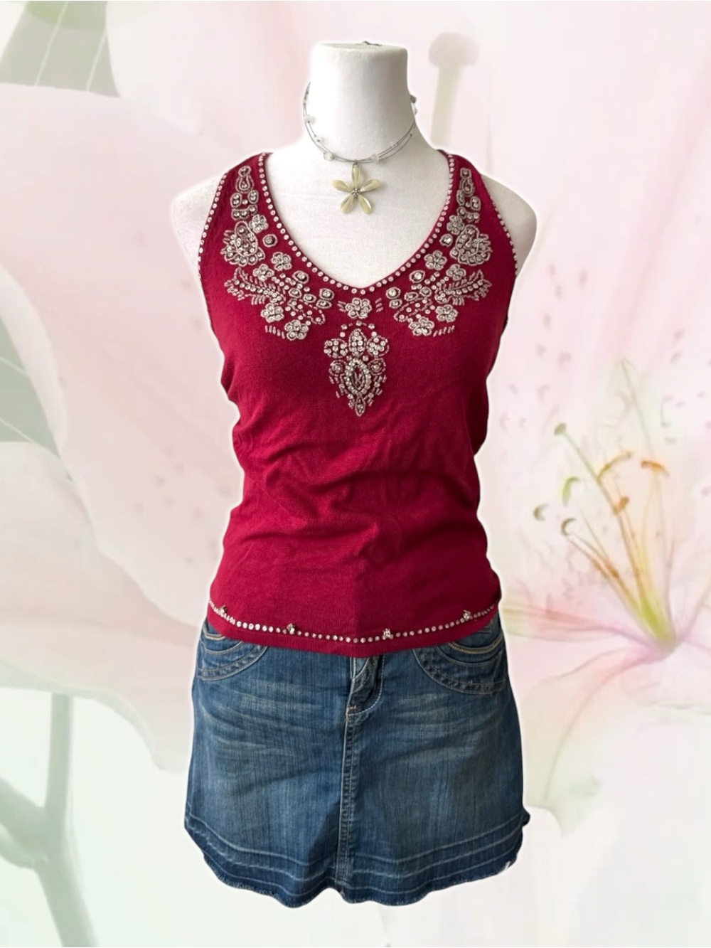 Rare Y2k Smart Set Wine Red Beaded V-Neck Tank